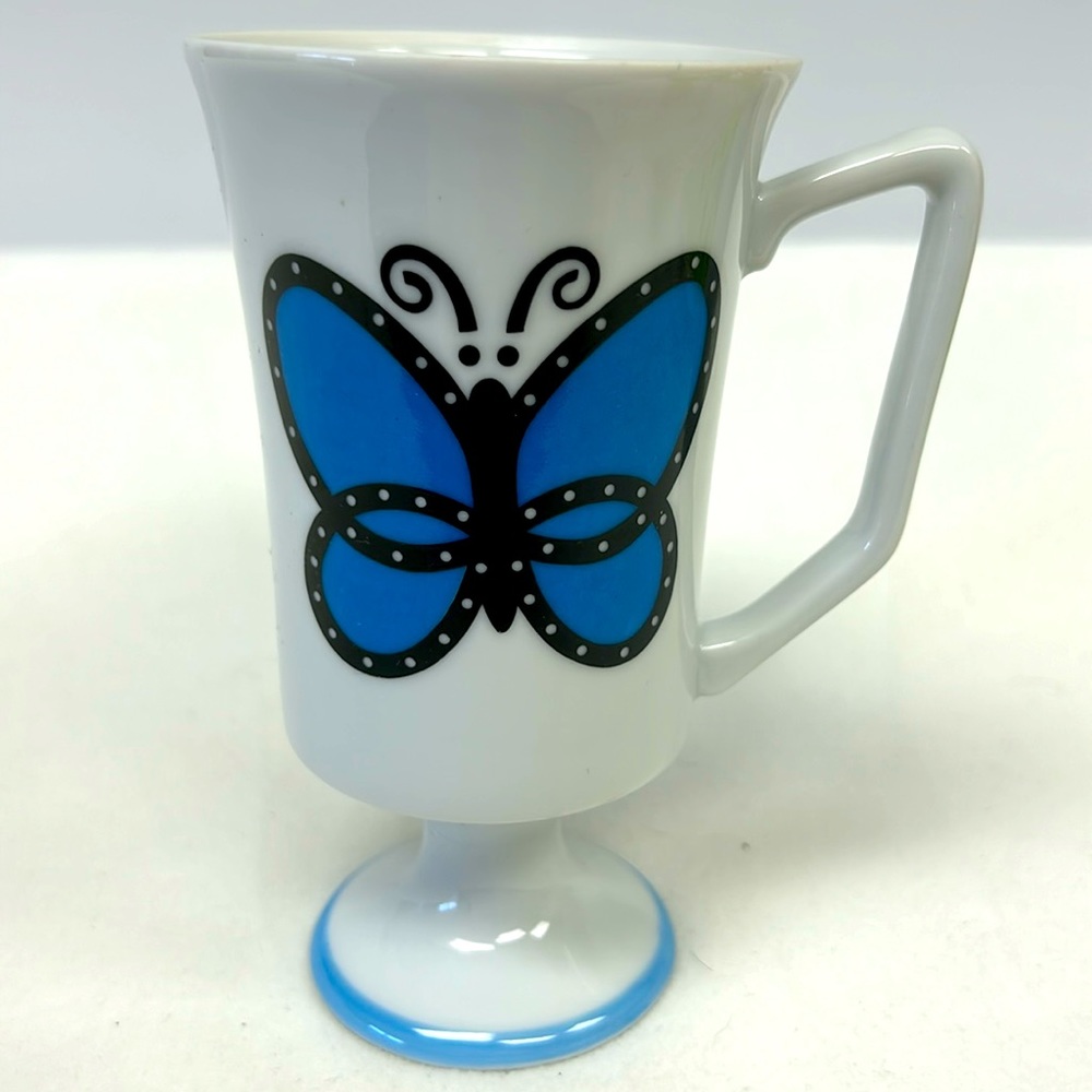 Retro blue butterfly design ceramic pedestal mug  “Cho-Cho-San “ by JSC